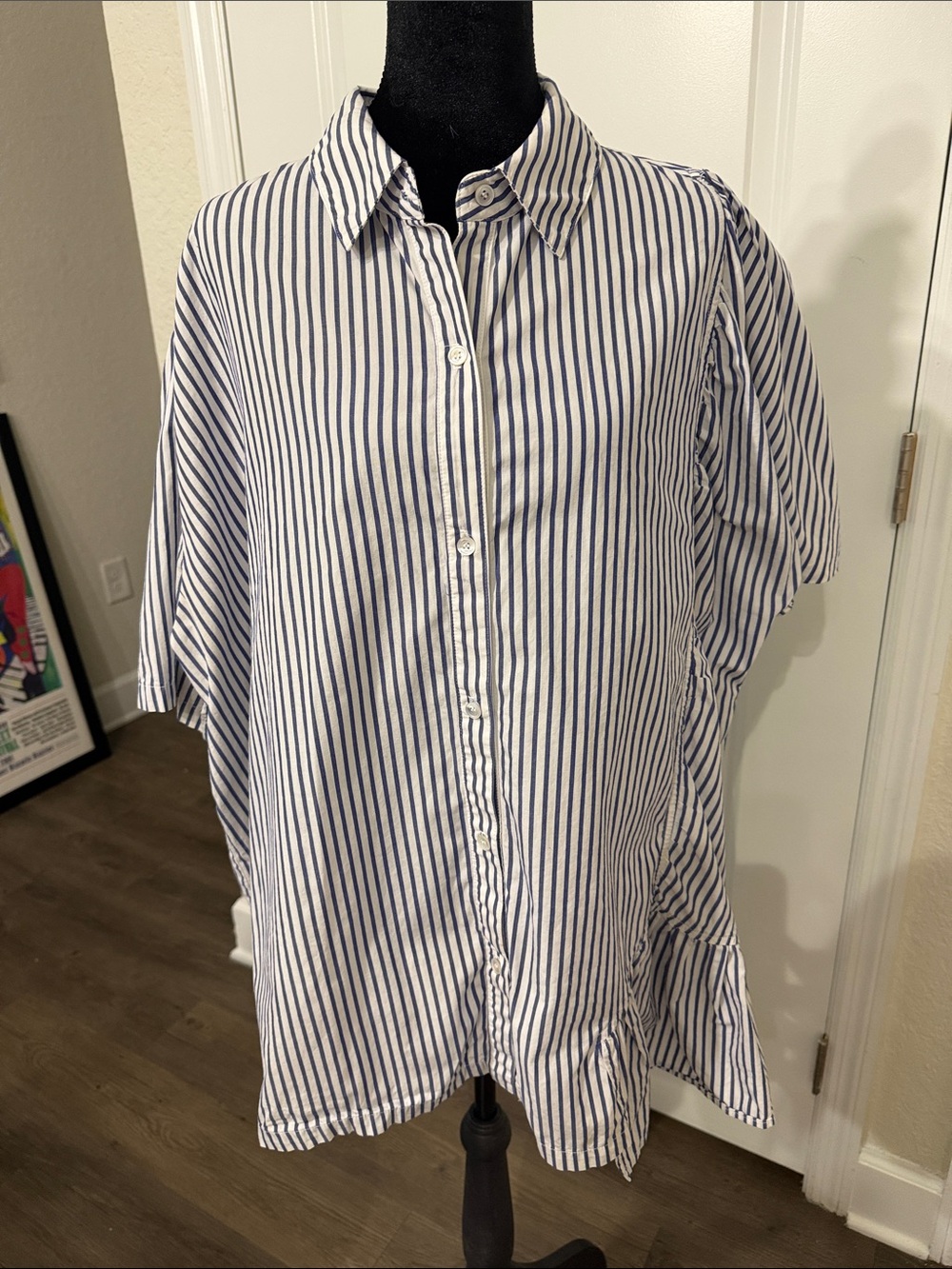 Button-Front Blue and White Striped Collared Blouse